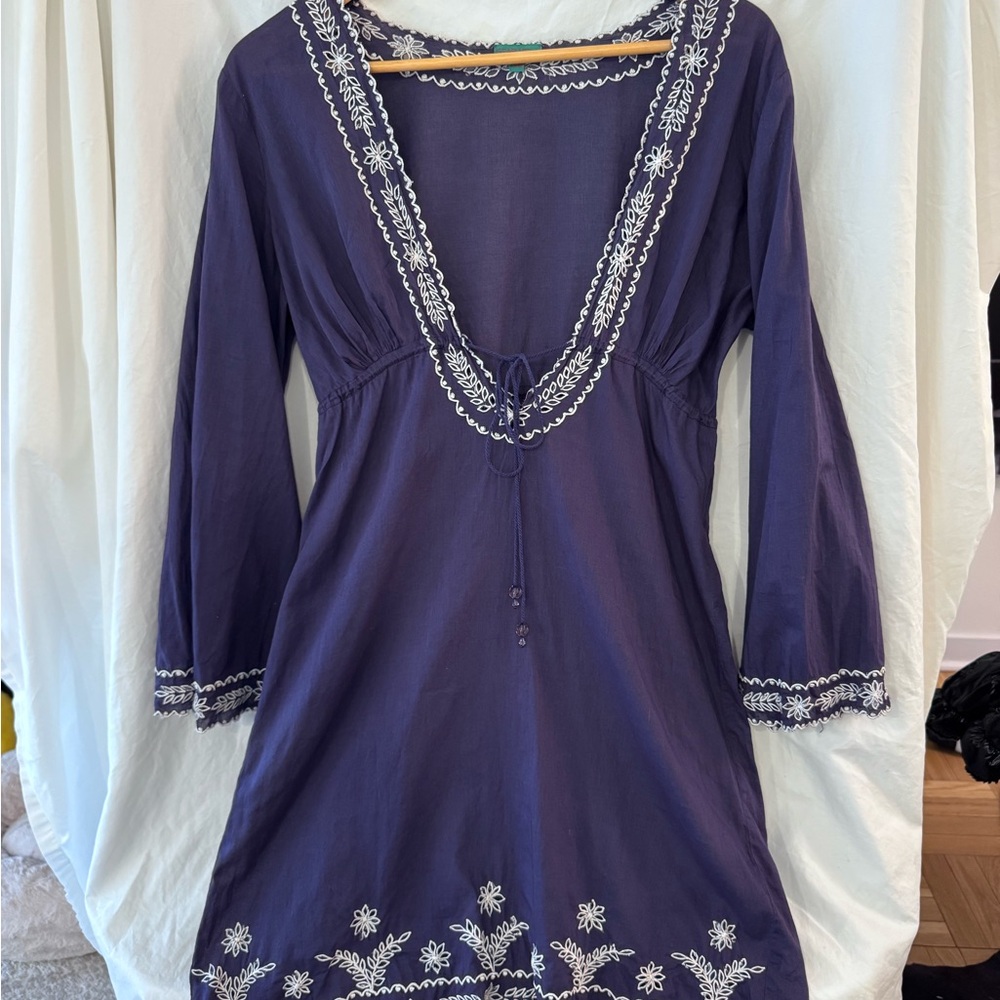 Star Mela Blue/Purple Embroidered Cotton Voile Summer Beach Tunic/Dress Size S/M